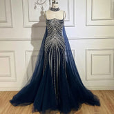 Blue Spaghetti Strap Long Cloak Mermaid Beaded Lace up Luxury Evening Dresses Gowns for Women Wedding Party LA72440