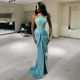 Blue Split Strapless Mermaid Luxury Beaded Arabic Dubai Evening Dresses Gowns for Women Wedding Party 2025 LA72572