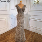 Brown Mermaid Elegant Luxury Beaded Evening Dress Gown with Feathers LA70801