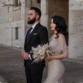 Vestidos de noche de lujo color marrón sirena, elegantes, con cuentas y plumas, para mujer, estilo fiesta, colección 2025, LA71323