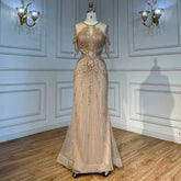 Vestidos de noche color caramelo con mangas casquillo, borlas y cuentas estilo sirena, ideales para bodas y fiestas, para la madre de la novia (2025) LA72069