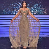 Vestidos de noche de sirena color caramelo con mangas tipo capa, vestidos de fiesta de lujo con cuentas, colección 2025 para mujer LA72053