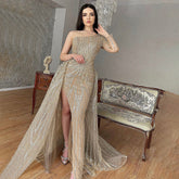 Vestido de noche elegante de lujo con cuentas, corte sirena, manga larga y falda desmontable, color caramelo, estilo sirena, con un solo hombro, elegante y con mangas largas (LA71677)