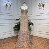 Vestidos de noche elegantes y sexys de sirena con tirantes finos, plumas y cuentas, estilo espagueti, para mujer, colección 2025, modelo LA72025