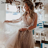 Vestidos de noche color champán con mangas farol, corte en A, encaje con cuentas, para mujer, estilo fiesta, LA71346