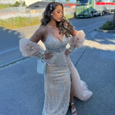 Vestido de noche de sirena color champán, sexy, con tirantes finos, abertura alta y sobrefalda, con cuentas de lujo 2025 LA71727