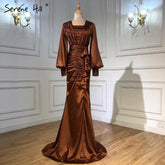 Coffee Satin Pleat Evening Dresses Gowns 2025 Mermaid Elegant Lantern Sleeve For Women Party LA71274