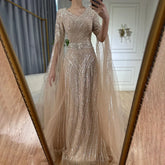 2025 Caramel A-Line Beaded Saudi Arabic Evening Dress with Cape Sleeves for Wedding Party LA72798