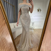 2025 Saudi Arabic Silver Nude Beaded Mermaid Evening Dress Gown for Formal Occasion LA72800