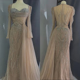 2025 Saudi Nude Beaded Crystal Arabic Evening Dresses Gowns with Overskirt for Formal Occasion LA72812
