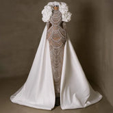 Arabia White Nude Pearls Beaded Mermaid Long Cloak Dubai Evening Dress for Formal Occasion LA72091C