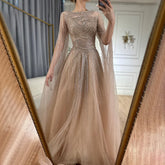 Arabic Caramel Saudi Evening Dresses with Cape Sleeves A-Line Beaded For Wedding Party 2025 LA72799