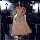 Arabic Nude A-Line Midi Straps Beaded Evening Dresses Gowns 2025 For Women Wedding Party LA71911