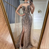 Black Nude Beaded Spaghetti Strap Evening Dress Gown with Long Cape for Formal Occasion 2025 LA72795