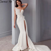 Designer White Satin Beaded Split Evening Dresses Gowns 2025 Mermaid Elegant =Sexy For Women Party HM67188