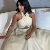 Dubai Arabic Beige A Line Halter Beaded Luxury Evening Dresses Gowns For Women Wedding Party 2025 LA72278