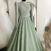 Dubai Arabic Designer Luxury Sage Green A Line Beaded Evening Dresses Gowns For Women Wedding Party 2025 LA72342
