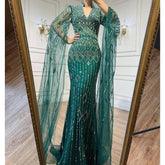Dubai Designer Green Mermaid Arabic Evening Dress With Cape Luxury Formal Dresses for Women Wedding Party LA72094