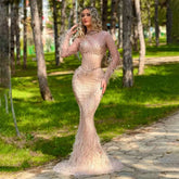 Vestidos de noche largos de sirena con perlas, plumas y efecto ilusión color nude, estilo Dubai Gowns, para mujer, colección 2025, para bodas y fiestas (LA72245)