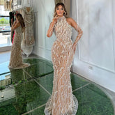 Luxury Beaded Nude Evening Dress with Gloves LA72345