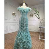 Dubai Mint Luxury Crystal Feathers Sexy Mermaid Evening Dresses Formal Gowns For Woman Wedding Party 2025 LA72095