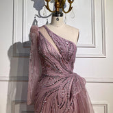 One Shoulder Mermaid Pink Evening Dresses with Overskirt LA72062