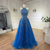 Elegant Blue Arabic A-line Halter Gown Luxury Dubai Evening Dress for Women Wedding Party 2025 LA72302