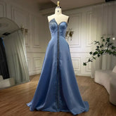 Elegant Blue Satin Arabic Evening Dress Luxury Crystal Side Slit LA71847