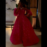 Fuchsia Elegant Strapless A Line Sparkly Puff Sleeves Crystal Beaded Evening Dresses Gowns For Women Party LA72127