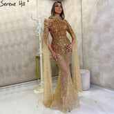 Sale Gold Luxury Elegant Mermaid Evening Dresses Gowns 2025 Cape Sleeves Beading Sexy For Women Party LA70833