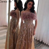 Gold Luxury Strapless Evening Dresses Gowns 2025 Beading Feathers Sexy A-Line For Women Party LA71071