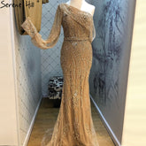 Gold Mermaid Luxury Evening Dresses Gowns 2025 Elegant Beaded One Shoulder For Women Party LA71218