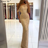 Gold Mermaid Sexy Evening Dresses Dubai One Shouder Luxury Beading Sparkle Formal Dress LA70723
