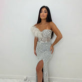 Gray Mermaid One Shoulder High Split Beaded Feather Luxury Evening Dresses Gowns For Women Party 2025 LA72347