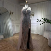 Gray Nude One-Shoulder Cape Sleeves Mermaid Evening Dress High Split Beaded Long Gown for Woman Party LA72368