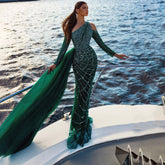 Green Elegant Floor Length Mermaid Sexy One Shoulder Beaded Evening Dresses Luxury Gowns For Woman 2025 LA71894