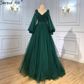Green Lantern Sleeve Evening Dresses Gowns 2025 A-Line Beaded Luxury For Women Wedding Party LA71477