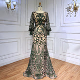 Green Mermaid Elegant Puff Sleeves Lace Beaded Luxury Evening Dresses Gowns For Women Muslim Party 2025 LA71840