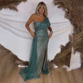 Green Mermaid High Split One Shoulder Beaded Evening Dresses Gowns for Women Wedding Party 2025 LA72364