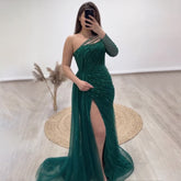 On Sale no return no refund Green One Shoulder Mermaid Split Open Evening Dresses Beaded Sexy Party Gowns 2025 For Women LA72046