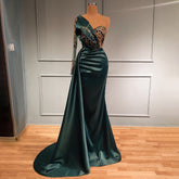 Robe de soirée verte asymétrique en satin, style sirène, élégante et luxueuse, avec perles, pour femme, modèle LA71541, 2025