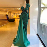 Robe de soirée asymétrique en satin vert, style sirène, élégante, avec jupe perlée, pour femme, modèle LA71624, 2025