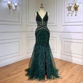 Robe de bal de luxe verte, style sirène, fendue, plumes et perles, style arabe, pour femme, soirée 2025, LA71845