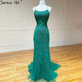 Robe de bal sirène verte à bretelles spaghetti, élégante robe de soirée de remise de diplôme en dentelle cristal, 2025, LA71162