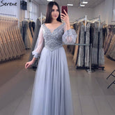 Robe de soirée grise trapèze à perles, manches longues lanterne, luxueuse, pour femme, LA70964, 2025