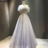 Robe de soirée luxueuse grise trapèze, avec plumes et perles, sexy, pour femme, tenue de mariage, LA70803, 2025