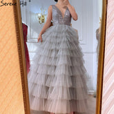 Robe de soirée luxueuse grise trapèze, à volants et perles, sexy, pour femme, LA70918, 2025