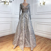Robe de soirée luxueuse grise trapèze, en dentelle, perles et cristaux, sexy, pour femme, LA71171, 2025