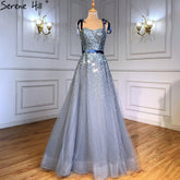 Robe de soirée luxueuse grise et bleue, coupe trapèze, bretelles spaghetti, perles, sexy, pour femme, LA70888, 2025