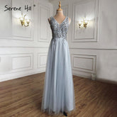 Robe de soirée sexy gris-bleu, coupe trapèze, sans manches, avec perles, simple, pour femme, LA71257, 2025